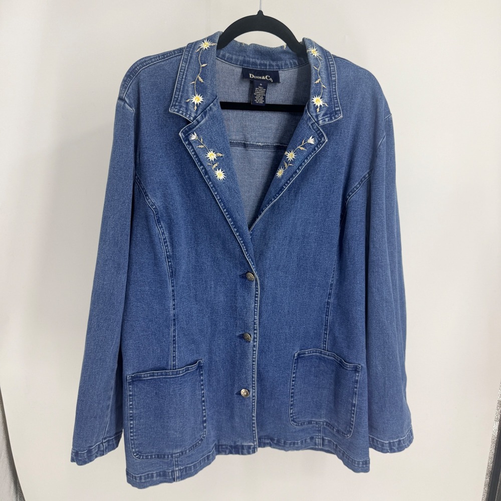 Denim & Co 2X Blue Floral Embroidered Daisy Denim Blazer Jacket 90s Long Whimsy